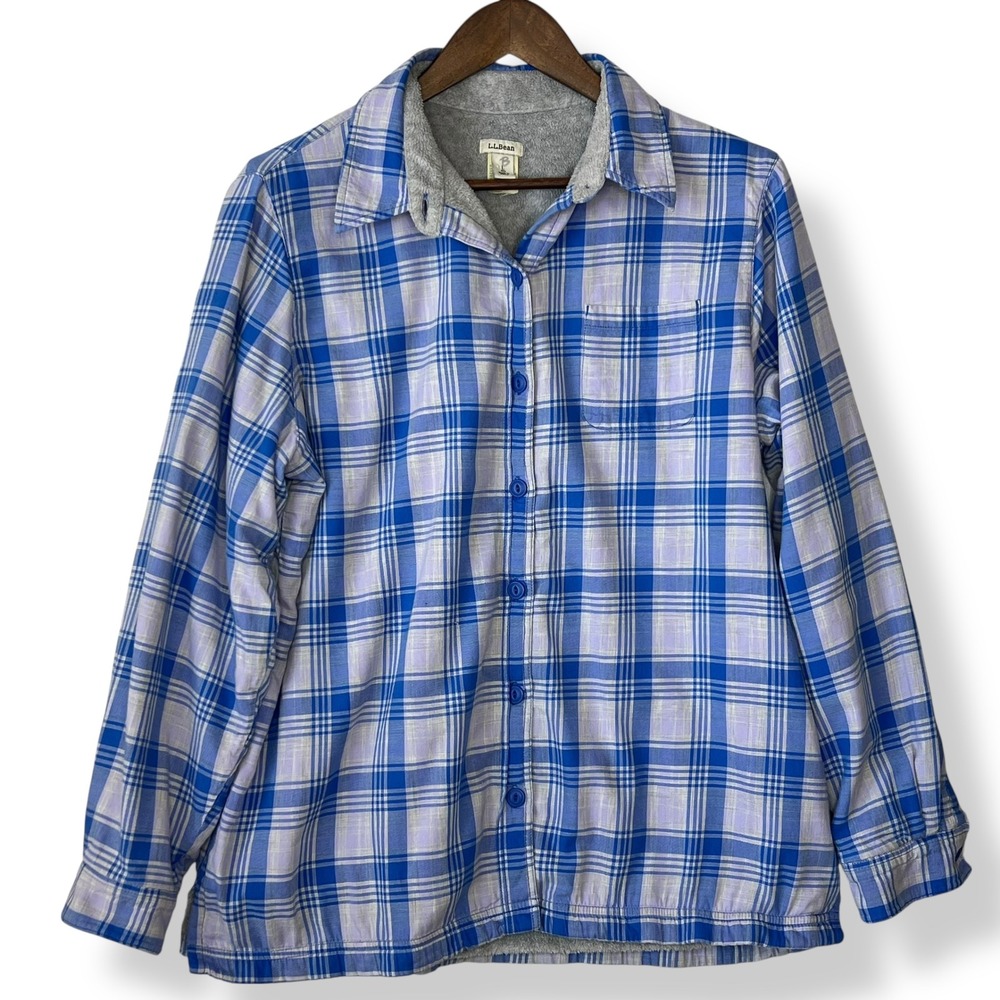 L.L. Bean L Blue Plaid Sherpa Lined Flannel Shirt Jacket 285013 Button Up Preppy